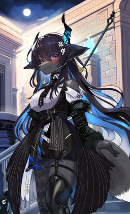 accessory alternate_species anthro asymmetrical_clothing belt black_body black_clothing black_dress black_fur black_hair blue_hair breasts closed_smile clothed clothing dipstick_tail dress female front_view fully_clothed fur furrification hair hair_accessory horn long_hair looking_at_viewer markings mouth_closed multicolored_hair night outside smile solo staff standing tail tail_markings two_tone_hair kemo_yuki hololive hololive_en vtuber nerissa_ravencroft canid canine fox mammal absurd_res hi_res