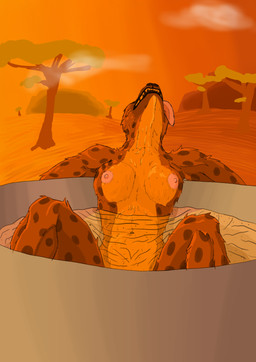 anthro bathing big_breasts breasts cooling_off female muscular muscular_female nipples solo sunset tongue tongue_out water devarg the_witcher kriss_(devarg) hyena mammal spotted_hyena absurd_res hi_res