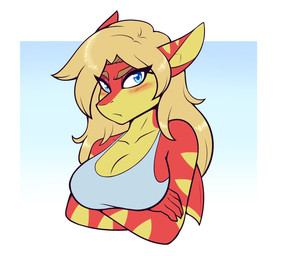 anthro arm_under_breasts bangs blonde_hair blue_background blue_eyes blush breasts clothed clothed_anthro clothed_female clothing crossed_arms female female_anthro frown fur gradient_background hair long_hair looking_at_viewer multicolored_body multicolored_fur orange_body orange_fur pose shirt simple_background solo three-quarter_view topwear white_background yellow_body yellow_fur ambris ero_moore aquatic fish shark 2021 bust_portrait digital_drawing_(artwork) digital_media_(artwork) hi_res portrait