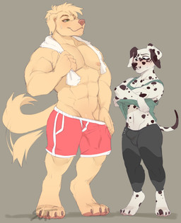4_toes abs after_exercise anthro athletic_wear blush bodily_fluids bottomwear bulge bulge_size_difference clothing duo exercise feet flirting flustered genitals gym_bottomwear gym_shorts leggings legwear male male/male muscular muscular_male penis shorts size_difference stare sweat tail tail_motion tailwag tight_bottomwear tight_clothing tights toes towel undressing workout crazybear miguel_(crazybear) sawyer_(crazybear) bird_dog canid canine canis dalmatian domestic_dog golden_retriever hunting_dog mammal retriever hi_res