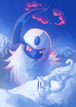 ambiguous_gender black_nose blue_body duo dynamax feral fur horn ice macro red_eyes snow tail white_body white_ears white_fur white_tail 7_phi_3 nintendo pokemon absol chien-pao generation_3_pokemon generation_9_pokemon legendary_pokemon pokemon_(species) 2026 hi_res