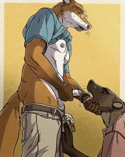 anthro areola balls belt bodily_fluids bottomwear bottomwear_down clothed clothing clothing_lift cum cum_in_mouth cum_inside duo eye_contact eyewear foreskin genital_fluids genitals glans glasses humanoid_genitalia humanoid_penis looking_at_another looking_down looking_up looking_up_at_partner male male/male masturbation nipples open_belt oral pants pants_down partially_clothed penis raised_head shirt shirt_lift sweat topwear wearing_glasses whiskers rayfkm canid canine fox gulonine mammal marten mustelid musteline hi_res