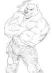 abs anthro belt biceps bottomwear bulge cigar claws clothed clothing eye_scar facial_scar fangs finger_claws fur knee_pads male muscular muscular_anthro muscular_male open_mouth open_smile pants pecs pose quads scar sharp_teeth smile smoke smoking solo standing teeth topless triceps badcoyote bear mammal 2021 black_and_white hi_res monochrome pinup portrait sketch three-quarter_portrait