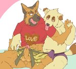 anthro balls belly bulge candy chocolate clothed clothing dessert duo erection erection_under_clothing food genitals holidays humanoid_genitalia humanoid_hands humanoid_penis kemono male male/male navel penis sitting slightly_chubby text tongue tongue_out underwear ryuta-h valentine's_day canid canine canis domestic_dog mammal 2007