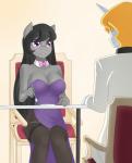 2015 anthro anthrofied black_hair blonde_hair blush bow_(feature) bow_tie breasts cleavage clothed clothing cutlery dress duo earth_pony equid equine female fork friendship_is_magic furniture hair hasbro hi_res horn horse jonfawkes kitchen_utensils legwear mammal my_little_pony mythological_creature mythological_equine mythology octavia_(mlp) plate pony purple_eyes sitting stockings table tools unicorn
