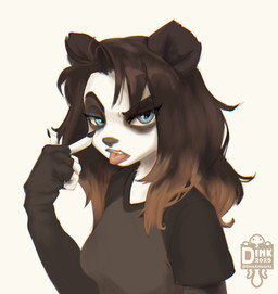 blue_eyes brown_hair clothing eyelid_pull female fingerless_armwear hair simple_background solo tongue tongue_out bear giant_panda mammal sfw hi_res