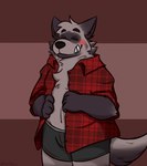 anthro blush clothed clothing eyes_closed humanoid_hands male open_clothing open_shirt open_topwear shirt slightly_chubby solo topwear underwear orbitpaws password_(visual_novel) dave_(password) hyena mammal striped_hyena 2021 hi_res