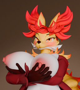 5_fingers anthro areola big_breasts big_nipples black_claws black_lips black_nose black_pawpads breast_grab breast_squish breasts cheek_tuft claws demonstration ears_up eyelashes facial_tuft female female_anthro fingers fluffy fluffy_body fluffy_ears fur hair hand_on_breast lips looking_at_viewer mature_female multicolored_body multicolored_fur nipples orange_eyes pawpads pink_areola pink_nipples red_hair solo squish tricked tuft plu.engineer nintendo pokemon delphox generation_6_pokemon pokemon_(species) 3d_(artwork) digital_media_(artwork) hi_res