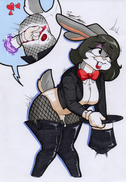 anal anal_fisting anal_penetration anthro blush bodily_fluids breasts clothing crossgender cum fisting genital_fluids gloves grey_body gynomorph hair handwear hat headgear headwear intersex magic magician magician_hat mtg_crossgender mti_crossgender non-euclidean_sex penetration portal_sex sex simple_background solo tail teeth thinking_with_portals top_hat white_background rotten_owl looney_tunes warner_brothers bugs_bunny lagomorph leporid mammal rabbit absurd_res hi_res traditional_media_(artwork)