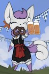 alcohol anthro beer beverage biped breasts cleavage clothed clothing cloud dirndl dress eyes_closed female food food_in_mouth grass holidays plant pretzel_(food) solo marsminer nintendo oktoberfest pokemon generation_6_pokemon meowstic pokemon_(species) hi_res