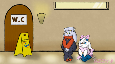 anthro belly_tuft bivalve_shell black_body blue_body blue_eyes blush blush_lines bow_(feature) bow_accessory brown_nose clothing door dress female female_anthro floppy_ears grabbing_own_tail green_eyes grey_body head_tuft holding_crotch inside knock-kneed male male_anthro mollusk_shell narrowed_eyes omorashi one_eye_closed outside_bathroom pigtails pink_nose potty_dance pseudo_clothing red_body semi-anthro shaking shell tail tail_between_legs trembling tuft wet_floor_sign white_body pinkoshawott azzy_(pinkoshawott) lagomorph leporid mammal mustelid otter rabbit 16:9 2022 hi_res widescreen