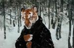 anthro clothed clothing coat eyes_closed felid forest fur hriscia inner_ear_fluff mammal outside pantherine plant snow snowing solo striped_body striped_fur stripes tiger topwear tree tuft whiskers