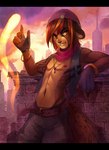 5_fingers anthro black_bars brown_eyes clothed clothing detailed_background fingerless_gloves fingers gloves handwear hat headgear headwear male midriff navel nipples smile solo juliathedragoncat domestic_cat felid feline felis mammal digital_media_(artwork)