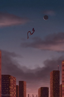 ambiguous_gender building city cityscape cloud detailed_background feral flying moon quadruped serpentine sky solo star starry_sky sunset tail fexneel_denisse mythology feather_moon dragon eastern_dragon mythological_creature mythological_scalie scalie 2021 digital_media_(artwork) hi_res watermark