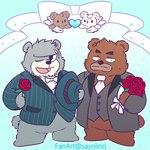 anthro brown_body clothing dot_eyes flower grey_body group heart_symbol male necktie one_eye_closed plant scar suit wink sayolino kumalino sanrio brew_(kumalino) drip_(kumalino) roast_(kumalino) syrup_(kumalino) bear mammal 1:1 2024