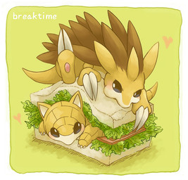 ambiguous_gender black_eyes blush bread brown_body claws duo feral food heart_symbol lettuce plant sandwich_(food) simple_background text vegetable kuronekotarou nintendo pokemon generation_1_pokemon pokemon_(species) sandshrew sandslash 2015 english_text