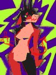 anthro black_body black_fur black_hair breasts brown_body brown_fur calico_pattern dithering female fur glitch hair horn looking_away solo appelsaus constance_(appelsaus) bovid caprine goat mammal 2024 3:4 absurd_res compression_artifacts digital_media_(artwork) hi_res