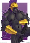 abs anthro armor balls bracers foreskin genitals glowing glowing_eyes greek headgear helmet male muscular muscular_male nipples pecs penis retracted_foreskin solo iudicium86 bandai_namco digimon achillesmon felid feline mammal hi_res