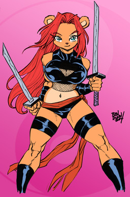 5_fingers big_breasts blue_hair breasts cosplay dual_wielding female fingers front_view hair holding_melee_weapon holding_object holding_sword holding_weapon melee_weapon navel red_hair smile solo sword weapon year ben_dunn mramp las_lindas ninja_high_school ambar bear mammal 2014 absurd_res hi_res
