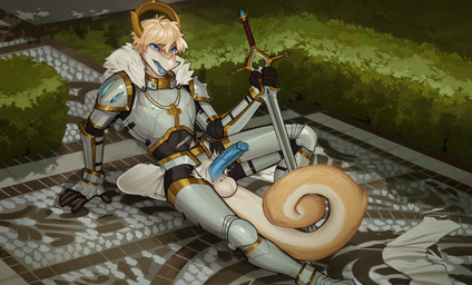 anthro armor balls balls_on_tail biped blonde_hair blue_eyes blue_penis bodily_fluids breastplate clothing erection facial_scar frenum_piercing fur fur_collar gauntlets genital_fluids genital_piercing genitals gloves greaves hair handwear holding_melee_weapon holding_object holding_sword holding_weapon humanoid_genitalia humanoid_penis male melee_weapon on_ground pauldron penis penis_piercing piercing precum sabatons scar scrotum_piercing sitting solo sword tail tan_body tan_fur weapon white_body white_fur raptoral chameleon lizard reptile scalie 2022 absurd_res digital_media_(artwork) hi_res
