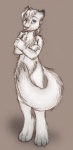 anthro biped blep blue_eyes breasts chest_tuft covering covering_breasts covering_self female freckles fur looking_at_viewer nude simple_background smile solo standing tail tongue tongue_out tuft white_body white_fur anakuro stormrunner canid canine mammal digital_media_(artwork) full-length_portrait graphite_(artwork) mixed_media portrait traditional_media_(artwork)