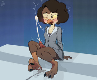 anthro blush bodily_fluids bottomless clothed clothing cum ejaculation erection genital_fluids genitals gynomorph hands-free intersex open_mouth penis sitting solo revengeguac disney ducktales ducktales_(2017) zan_owlson avian bird owl