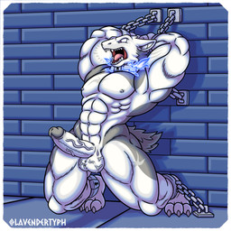 angry anthro balls bdsm bound brick brick_background brick_wall chain chain_leash chained chained_cuffs claws cuff_(restraint) dungeon erection fangs fire forced fur genitals humanoid_genitalia humanoid_penis keyhole leash male muscular muscular_male nipples open_mouth penis questionable_consent restrained restrained_arms restrained_feet restrained_legs restraints scar shackled_ankles shackled_wrists shackles short_tail solo tail teeth toe_claws tongue vein veiny_balls veiny_penis wall_(structure) white_body white_fur yelling lavendertyph nintendo pokemon typhon_(diggy) generation_2_pokemon pokemon_(species) typhlosion hi_res