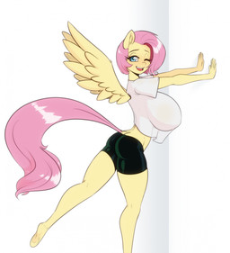alternate_hairstyle anthro big_breasts bottomwear breasts butt clothing female hooves huge_breasts looking_at_viewer one_eye_closed open_mouth open_smile shorts smile smiling_at_viewer solo spandex spandex_shorts tight_bottomwear tight_clothing tight_shorts translucent translucent_clothing unguligrade wings wink winking_at_viewer scorpdk friendship_is_magic hasbro my_little_pony mythology fluttershy_(mlp) equid equine mammal mythological_creature mythological_equine pegasus hi_res