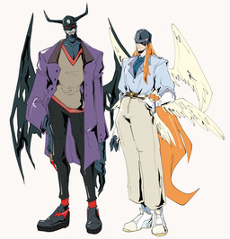 armor blonde_hair claws clothing duo feathered_wings feathers footwear gloves hair handwear headgear helmet horn male not_furry shoes simple_background wings karina_farek bandai_namco digimon angel angemon demon demon_humanoid devimon digimon_(species) humanoid digital_media_(artwork)