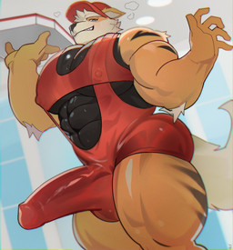 abs anthro barazoku baseball_cap big_bulge big_muscles big_pecs big_penis black_body black_fur bodily_fluids box bulge clothing container delivery_(commerce) delivery_employee detailed_bulge erection fur genital_outline genitals grin hat headgear headwear huge_penis humanoid_genitalia humanoid_penis male muscular muscular_anthro muscular_male pecs penis penis_outline pizza_box smile solo sweat swimwear tail goodboymono nintendo pokemon arcanine canid canine generation_1_pokemon mammal pokemon_(species) hi_res