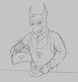 anthro apron clothed clothing container cup fangs front_view fur holding_container holding_cup holding_jug holding_mug holding_object inner_ear_fluff male male_anthro mouth_closed mug narrowed_eyes simple_background solo standing teeth tuft aduran mythology dragon furred_dragon furred_scalie mythological_creature mythological_scalie scalie hi_res monochrome