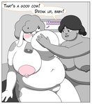 absurd_res anthro border bovid bovine cattle comic duo english_text expansion female growth hi_res kynesart mammal nipples overweight overweight_anthro overweight_female self_suckle slightly_chubby text weight_gain white_border