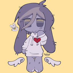 ambiguous_gender anthro clothing feathered_wings feathers floppy_ears hair hoodie paws simple_background smile solo toony topwear wings rasterweasel clinical_trial angel_martinez angel lagomorph leporid mammal rabbit 1:1 hi_res