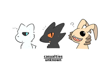 ambiguous_gender anthro black_body black_fur blood blue_eyes bodily_fluids fur orange_eyes text white_body white_fur mttbsmn casualties:_unknown canid canine dune_(gunsawian) expie_(gunsawian) gunsawian mammal milky_(gunsawian) absurd_res hi_res