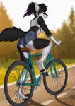 anthro bicycle biped black_body black_fur black_hair black_nose black_pawpads blue_bottomwear blue_clothing blue_shorts blurred_background bottomwear breasts butt cheek_tuft clothed clothing countershade_butt countershade_face countershade_fur countershade_torso countershading cycling denim denim_bottomwear denim_clothing denim_shorts facial_tuft feet female fur grey_clothing grey_topwear hair hindpaw multicolored_hair outside pawpads paws ponytail purple_hair rear_view riding_bike road shadow shorts solo tail topwear tuft two_tone_hair vehicle white_body white_fur yellow_eyes novery tamaska canid canine canis mammal wolf 2023 digital_media_(artwork) hi_res shaded