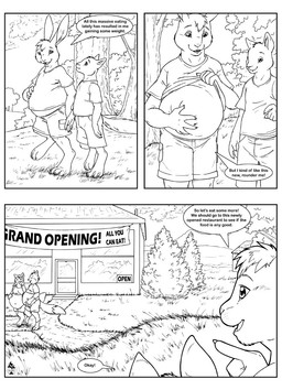 5_fingers anthro bottomwear clothing detailed_background dialogue duo fingers forest gesture grass hand_gesture looking_at_another male navel no_shoes overweight overweight_male partially_covered_belly plant pointing rabbit_ears restaurant shirt shorts speech_bubble text topwear tree tanno_radon martin_the_marten max_longear gulonine lagomorph leporid mammal marten mustelid musteline rabbit comic english_text monochrome