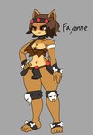 anthro bottomwear breasts brown_body clothed clothing female fur hair red_eyes simple_background solo tail text topwear torn_clothing token_taker ankama dofus wakfu foyonee_(token_taker) canid canine canis domestic_dog mammal ouginak absurd_res digital_media_(artwork) english_text hi_res