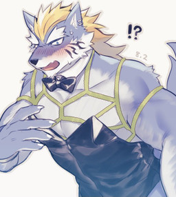anthro bdsm blonde_hair blue_body blue_fur blush bodily_fluids bondage bound bow_tie claws clothed clothing ear_piercing eyebrows fur grey_body grey_fur hair inner_ear_fluff interrobang latex male muscular muscular_anthro muscular_male pecs piercing playboy_outfit restraints rope rope_bondage rope_harness solo sweat sweatdrop tuft white_eyebrows hozunomi lifewonders tokyo_afterschool_summoners fenrir_(tas) canid canine canis mammal wolf