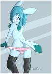 5_fingers anal anthro anthrofied black_nose blue_body blue_eyes blue_fur blue_hair border bulge butt buttplug clothed clothing clothing_pull femboy fingers fur gloves_(marking) green_body green_fur grey_clothing grey_legwear hair heart_symbol legwear long_ears looking_at_viewer looking_back male markings open_mouth panties pattern_clothing pattern_underwear plug_(sex_toy) pokemorph rear_view sex_toy short_hair simple_background skimpy solo standing striped_clothing striped_underwear stripes topless underwear underwear_pull white_border tirbel nintendo pokemon fan_character glacey_(glaceonthepet) eeveelution generation_4_pokemon glaceon pokemon_(species) hi_res