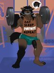 anthro bodily_fluids bottomwear brown_body brown_fur clothing cybernetic_limb dripping exercise fur genital_fluids genitals gym hair hair_over_eye male penis penis_poking_out precum precum_drip public public_nudity shirt shorts solo tank_top topwear weightlifting weights workout pinkpalmingo epic_games fortnite canid canine canis mammal wolf absurd_res hi_res