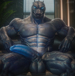abs anthro balls big_balls big_penis black_body black_skin blue_body blue_eyes blue_penis blue_skin bodily_fluids dripping furniture genital_fluids genitals half-erect humanoid_genitalia humanoid_penis inside looking_at_viewer male manly muscular muscular_anthro muscular_male nude penis penis_resting_on_thigh precum precum_drip scales sitting sofa solo jaeger3d chocoscorner_(modeler) godzilla_(series) toho godzilla kaiju lizard reptile scalie 3d_(artwork) absurd_res digital_media_(artwork) hi_res