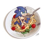 anthro blush cutlery feet food fork fur hair imminent_vore kitchen_utensils male micro nude pasta plate simple_background sitting smile solo tail toes tools toodamncycle sega sonic_the_hedgehog_(series) sonic_the_hedgehog eulipotyphlan hedgehog mammal absurd_res digital_media_(artwork) hi_res