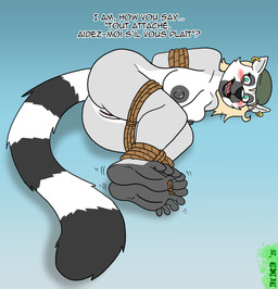 5_toes ankles_tied anthro barefoot bdsm blonde_hair blue_eyes blush bondage bound countershade_feet countershade_fur countershade_tail countershading dark_nipples ear_piercing ear_ring feet female foot_focus fur genitals green_kerchief hair hands_behind_back kerchief piercing restraints ring_piercing rope rope_bondage solo tail text toe_restraints toes vulva irkingir le'amour_(irkingir) lemur mammal primate ring-tailed_lemur strepsirrhine french_text hi_res