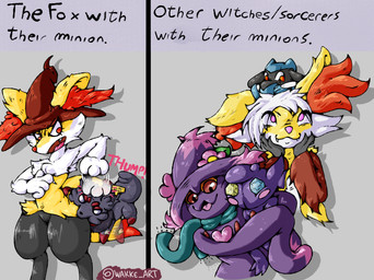 ambiguous_gender angry anthro bite blush butt_bite clothing female feral group hair hat headgear headwear hug male on_top_of_head punch scarf text thick_thighs white_hair witch_hat wakke nintendo pokemon braixen delphox generation_3_pokemon generation_4_pokemon generation_5_pokemon generation_6_pokemon mismagius pokemon_(species) riolu sableye zorua english_text hi_res