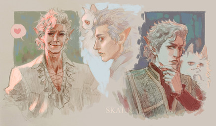 clothing duo fangs feral frilly frilly_clothing fur hair heart_symbol humanoid_pointy_ears male not_furry pointy_ears red_eyes side_view smile smirk teeth white_body white_fur white_hair bloodyskatik baldur's_gate baldur's_gate_3 bioware dungeons_and_dragons electronic_arts hasbro larian_studios wizards_of_the_coast astarion_(baldur's_gate) domestic_cat elf felid feline felis humanoid mammal vampire absurd_res hi_res multiple_images