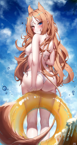 bikini bikini_bottom bikini_top breasts butt clothing female heart_symbol heterochromia inflatable inner_tube looking_at_viewer looking_back looking_back_at_viewer solo swimwear tail two-piece_swimsuit white_bikini white_clothing white_swimwear lil4c arknights hypergryph studio_montagne archetto_(arknights) animal_humanoid felid felid_humanoid humanoid lion_humanoid mammal mammal_humanoid pantherine pantherine_humanoid 2023 absurd_res digital_media_(artwork) hi_res