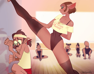accessory anthro bedroom_eyes blush bottomwear breasts brown_hair canon_couple clothed clothed_anthro clothed_male clothing cowering duo exercise exercise_clothing eyelashes eyewear female floor freckled_face freckles fully_clothed fully_clothed_anthro fully_clothed_male glasses glistening_eyelids gym hair headband inside intimidation kabedon leggings legwear leotard long_eyelashes looking_at_another male male/female markings married_couple mature_female mole_(marking) narrowed_eyes raised_leg red_bottomwear red_clothing red_shorts scared seductive shorts tan_body tan_skin wife wood wood_floor philtomato cartoon_network disney johnny_bravo_(series) pixar toy_story treasure_planet captain_amelia delbert_doppler johnny_bravo canid canine felid feline felinid mammal digital_drawing_(artwork) digital_media_(artwork) english_description hi_res