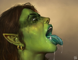 abstract_background ambiguous_fluids blue_tongue blurred_background bodily_fluids bodypaint brown_eyes brown_hair ear_piercing eyebrow_scar eyebrows face_paint facial_scar female female_humanoid green_body green_skin hair humanoid_pointy_ears lips looking_up makeup multiple_ear_piercings multiple_ear_ring not_furry open_mouth oral_invitation piercing pointy_ears realistic running_makeup saliva scar solo teeth tongue tongue_out tusks justsomenoob humanoid orc 2022 absurd_res hi_res