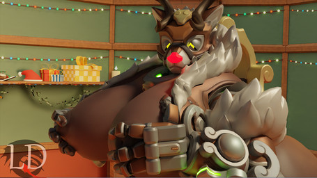 anthro big_breasts breasts brown_body brown_nipples christmas_decorations christmas_lights female fur gynomorph intersex looking_at_viewer nipples solo lustfuldemon blizzard_entertainment overwatch orisa_(overwatch) reindeer_orisa_(overwatch) taur 16:9 blender_(artwork) blender_cycles_(artwork) digital_media_(artwork) hi_res widescreen