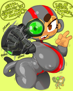 anthro big_breasts bodysuit breasts clothing cybernetic_eye cybernetics fellatio_gesture female gesture grey_bodysuit grey_clothing grey_skinsuit hand_gesture handjob_gesture heart_pupils huge_breasts machine monkey_tail nipple_outline robotic_arm skinsuit slightly_chubby slightly_chubby_anthro slightly_chubby_female solo suggestive suggestive_gesture tail talking_to_viewer text thick_thighs tight_clothing wide_hips goatboydraws bloons_tower_defense ninja_kiwi haplorhine mammal monkey primate english_text hi_res